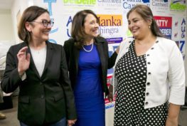 From left: U.S. Rep. Suzan DelBene, Sen. Maria Cantwell and state Sen. Manka Dhingra talk at a campaign office in Redmond in 2018. (Erika Schultz / The Seattle Times)