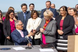 Governor Inslee signs Senate Bill No. 5768 at the Hans Rosling Center for Population Health – UW in Seattle, April 26, 2023. Relating to protecting access to abortion medications by authorizing the department of corrections to acquire, sell, deliver, distribut