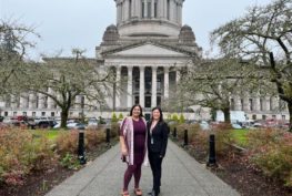 Sen. Dhingra and her new legislative assistant, Daisy, outside the Legislative Building.