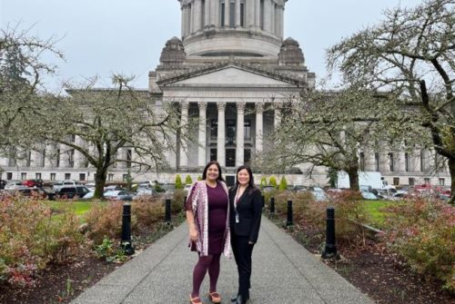 Sen. Dhingra and her new legislative assistant, Daisy, outside the Legislative Building.