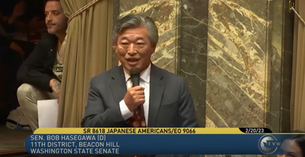 Sen. Hasegawa speaks on the Senate resolution remembering injustices suffered by Japanese Americans under EO 9066