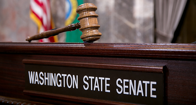 A gavel is staged above a "Washington State Senate" name plate.