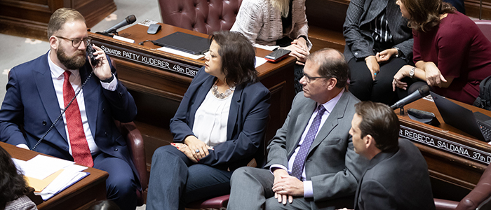 Sen. Marko Liias, Rep. Lillian Ortiz-Self, Rep. Strom Peterson, and Sen. Andy Billig waiting for the State of the Judiciary address.