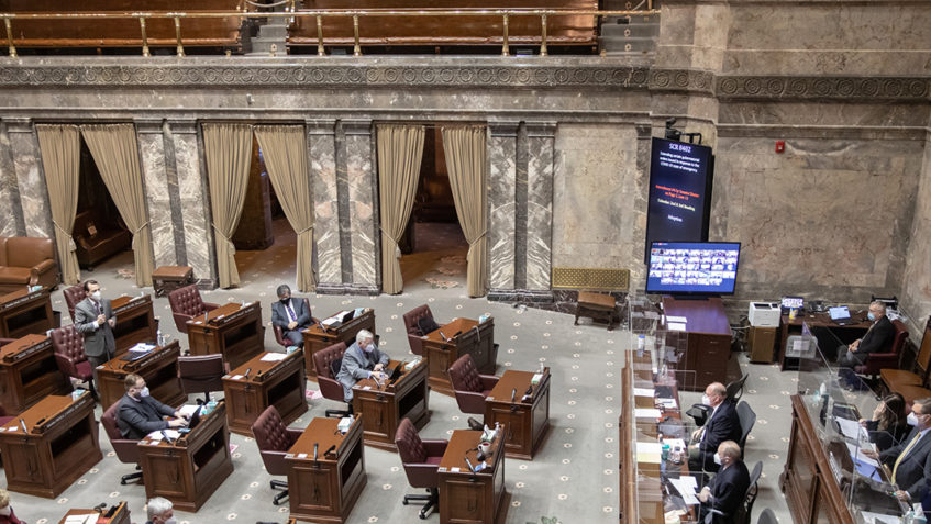 Wide shot of the WA Senate floor during the 2021 legislative session