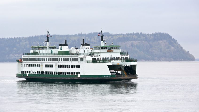 Green and white ferry in water, land in the background.
