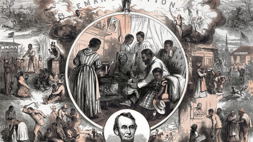 Thomas Nast, American school. Celebration of the emancipation of Southern slaves at the end of the American Civil War. Centre: A freedman's home. Left: Conditions before Emancipation. Right: After Emancipation. Bottom: Abraham Lincoln. (Photo by: Photo12/Universal Images Group via Getty Images)