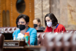Sen. Saldaña works at her desk on the Senate floor. Most desks around her are empty except for two that are occupied by other senators. All are wearing N95 face masks.