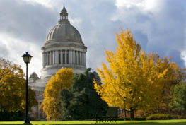 The Capitol Campus and the Legislative Building in fall with yellow leaves on surrounding trees.