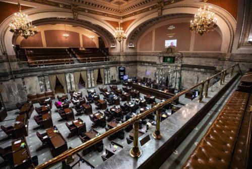 Photo of empty Senate chambers from above. Credit: Seattle Times