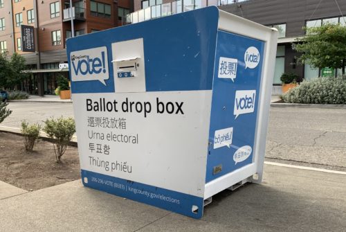 Blue and white ballot drop box