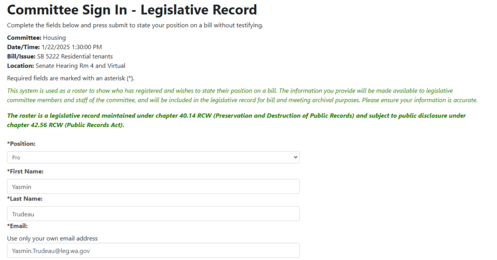 A screenshot of the legislative website where you sign in on bills