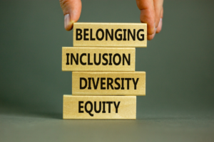 Image of wooden blocks with the words belonging, inclusion, diversity and equity.