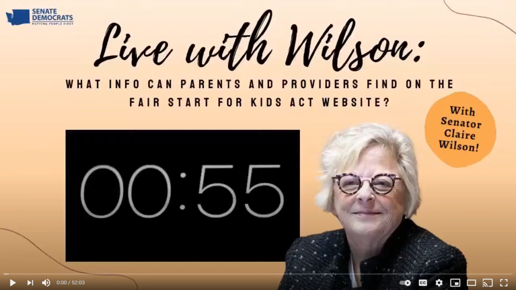 Screenshot of a "Live with Wilson" video about the Fair Start for Kids Act website