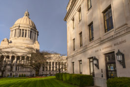 Exterior photo of Washington State Capitol building and the John A. Cherberg building.
