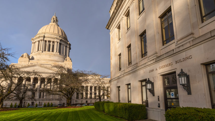 Exterior photo of Washington State Capitol building and the John A. Cherberg building.