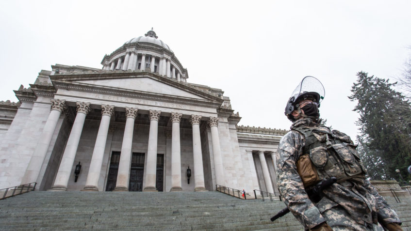 A member of the WA National Guard posted outside the Legislative Building