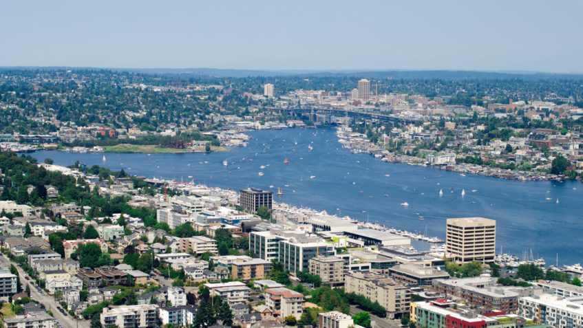 An aerial view of some waterfront neighborhoods in Seattle.