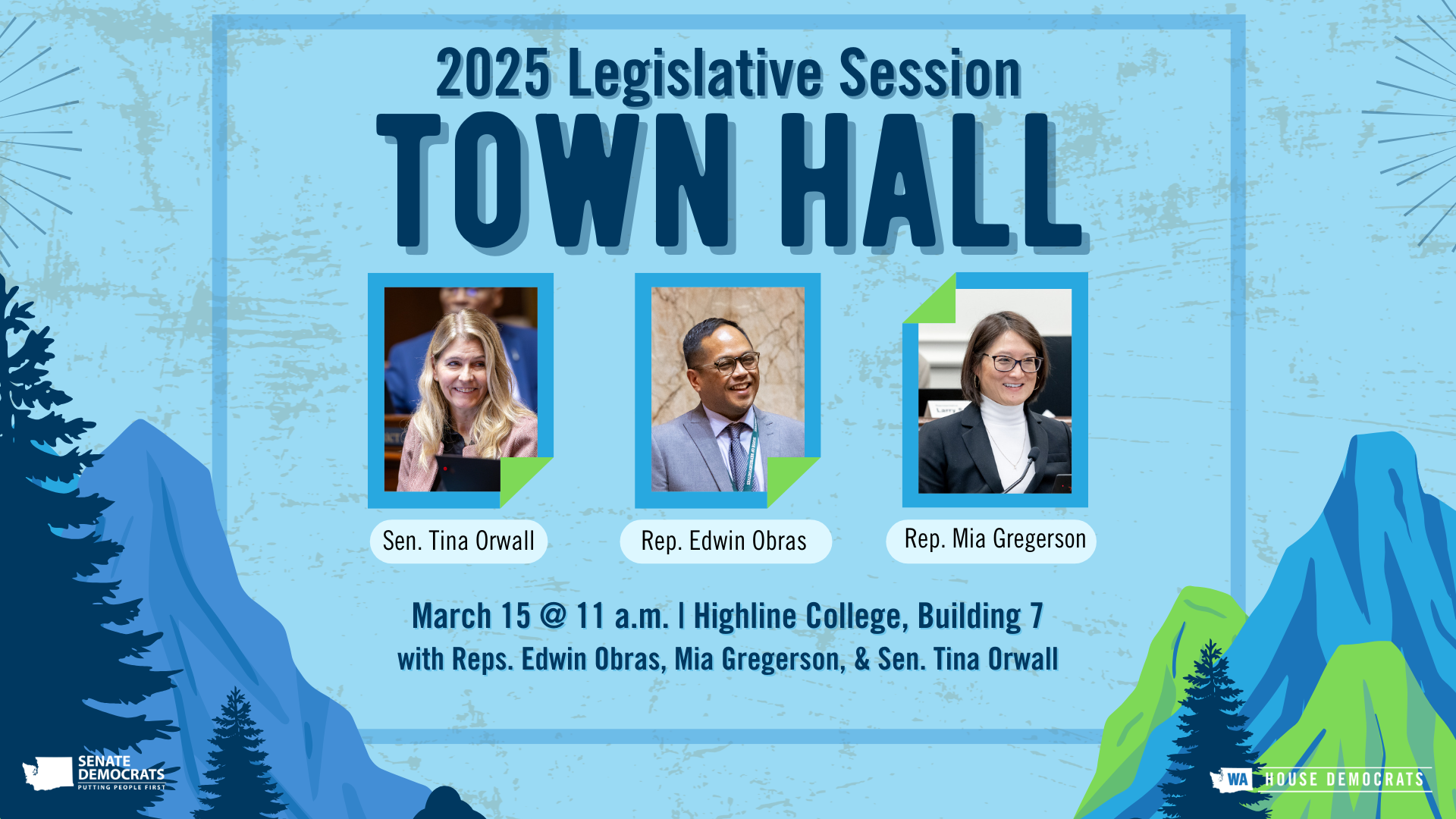 A graphic advertising the 33rd Legislative District town hall at Highline College Saturday, March 15 at 11 a.m.